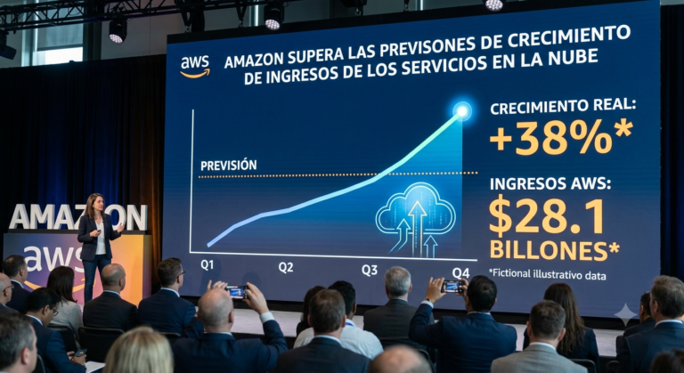 Logotipo de Amazon Web Services (AWS) junto a gráfico de crecimiento de ingresos en la nube, segundo trimestre 2026