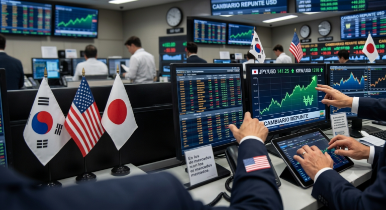 Pantalla electrónica muestra el tipo de cambio yen-dólar en una casa de bolsa de Tokio