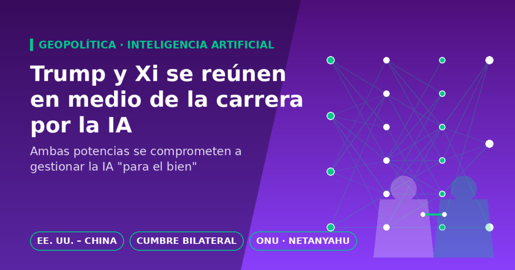 Ilustración de red neuronal y dos siluetas dándose la mano junto al titular 'Trump y Xi se reúnen en medio de la carrera por la IA